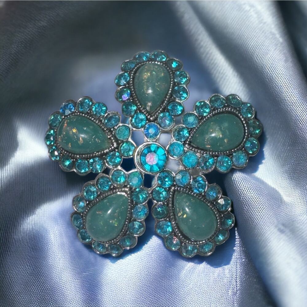 Vintage Cara NY Blue Borealis Cabochon Opal Blue Flower Brooch